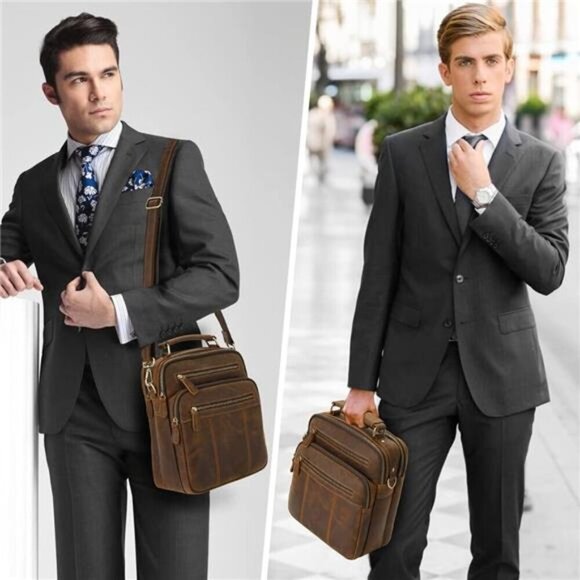 Leather Man Purse Shoulder Bag,Small Mens Crossbody Messenger Bags for Work - Picture 5 of 7